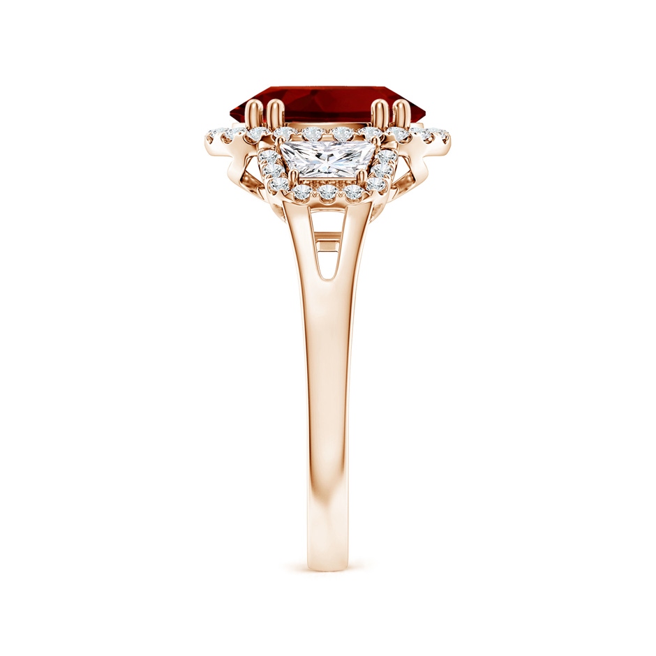 10x8mm Labgrown Three Stone Oval Lab-Grown Ruby and Trapezoid Diamond Halo Engagement Ring in Rose Gold side 299
