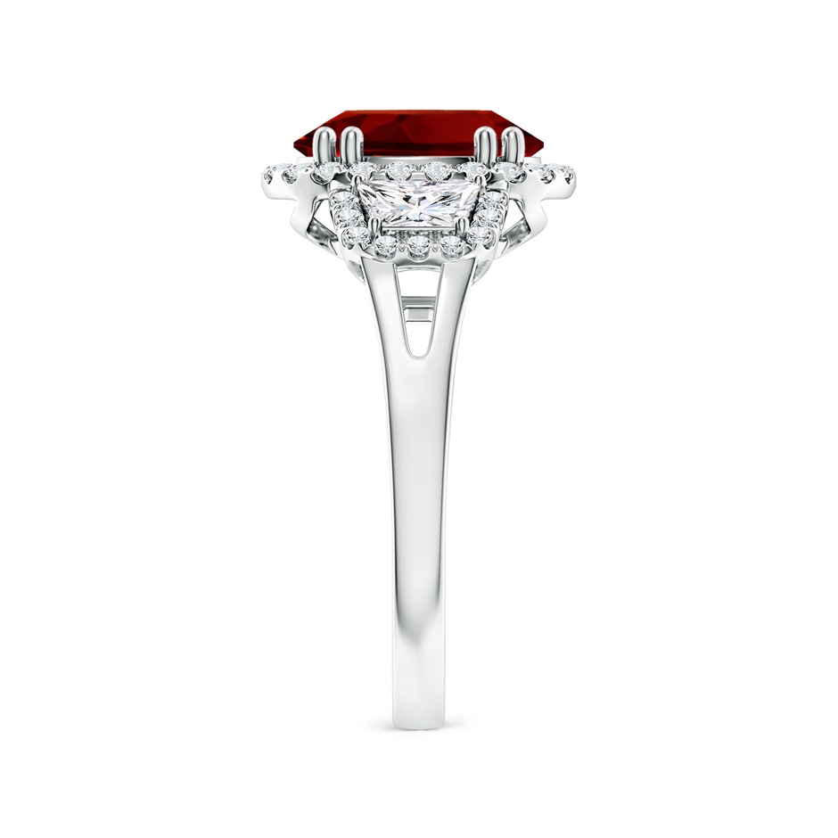 10x8mm Labgrown Three Stone Oval Lab-Grown Ruby and Trapezoid Diamond Halo Engagement Ring in White Gold side 299