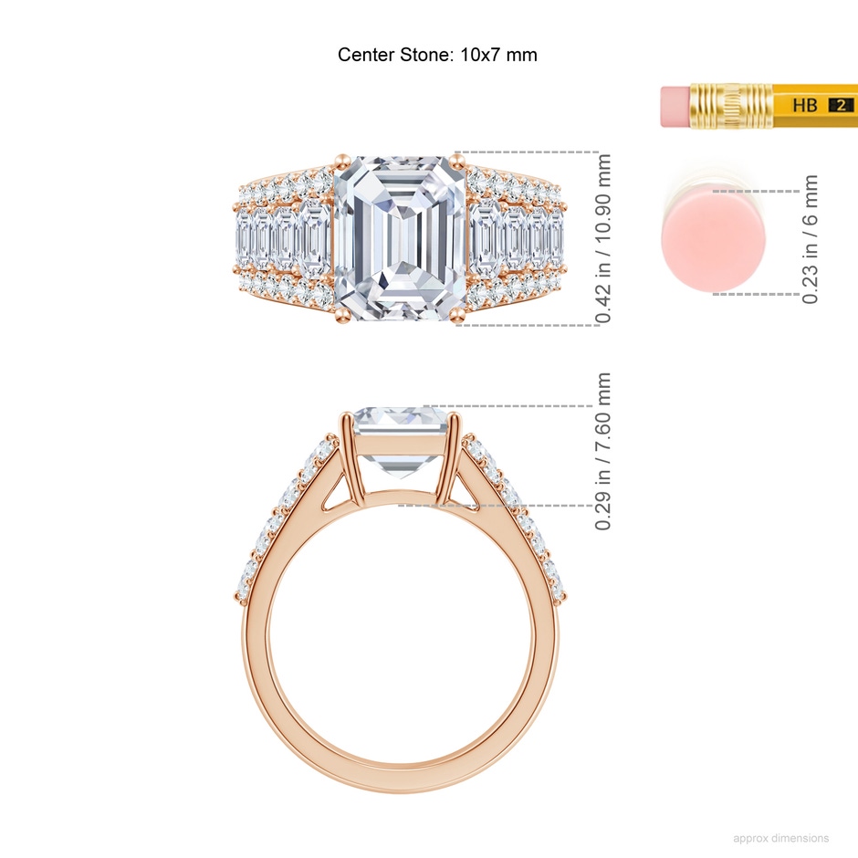 10x7mm FGVS Emerald-Cut Lab-Grown Diamond Broad Engagement Ring with Accents in Rose Gold ruler