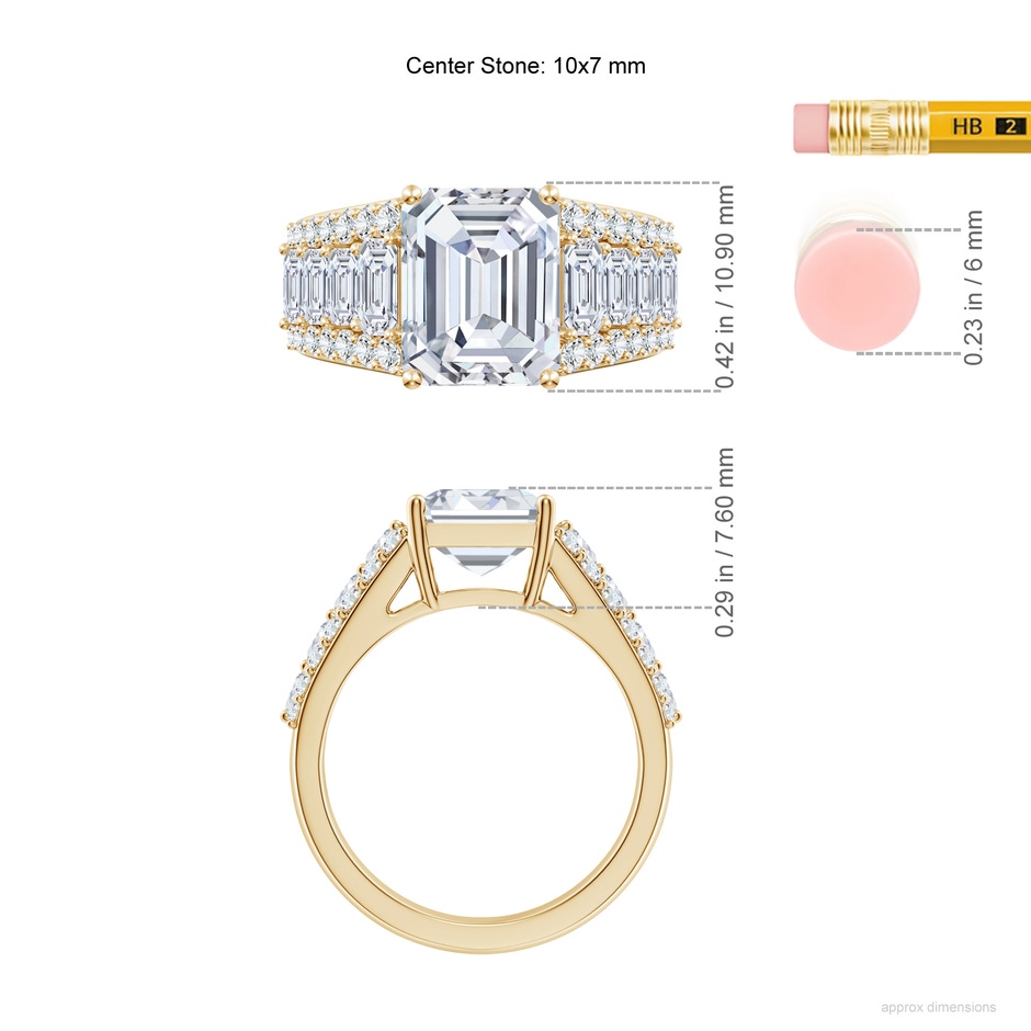 10x7mm FGVS Emerald-Cut Lab-Grown Diamond Broad Engagement Ring with Accents in Yellow Gold ruler