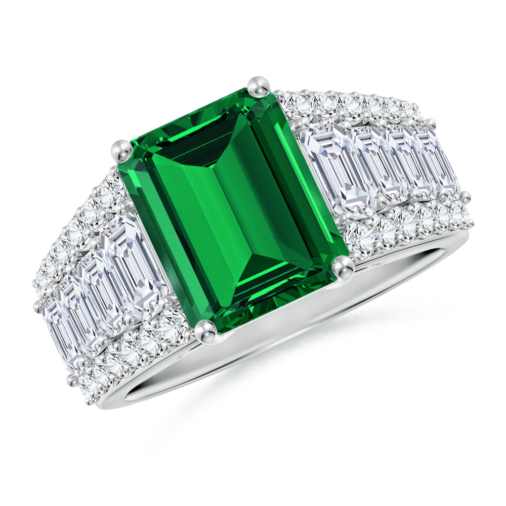 10x8mm Labgrown Emerald-Cut Lab-Grown Emerald Broad Engagement Ring with Accents in White Gold