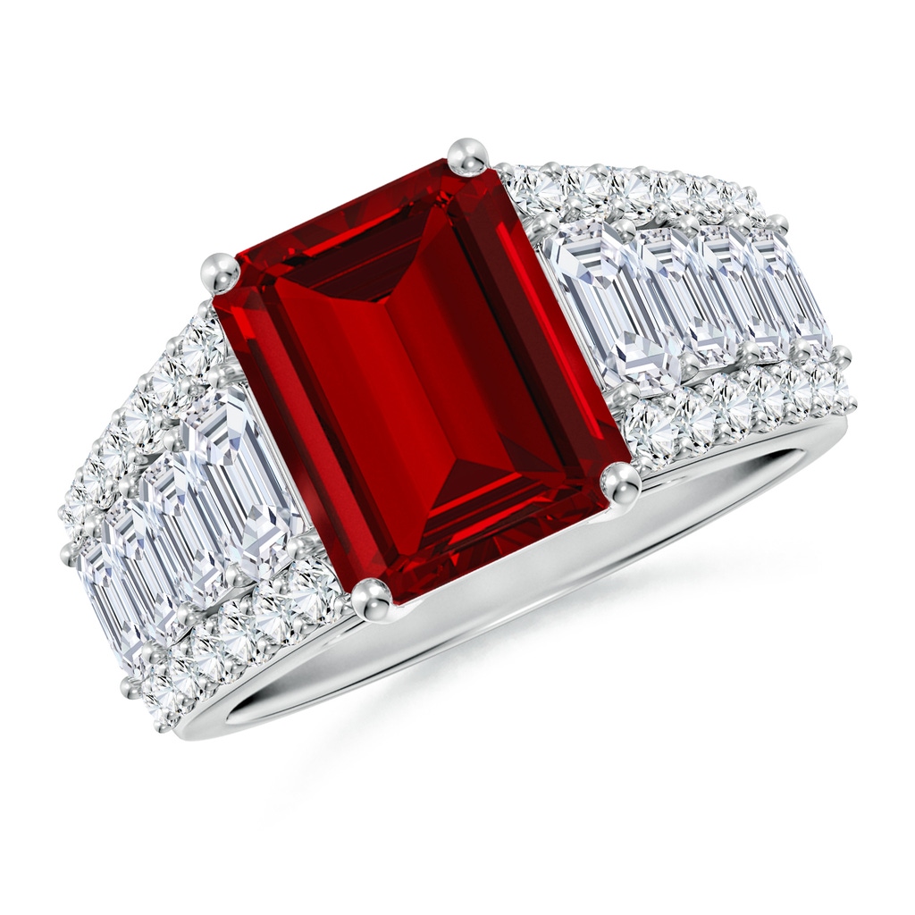 10x8mm Labgrown Emerald-Cut Lab-Grown Ruby Broad Engagement Ring with Accents in White Gold