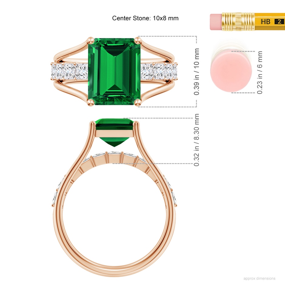 10x8mm Labgrown Emerald-Cut Lab-Grown Emerald Bridge Engagement Ring in Rose Gold ruler