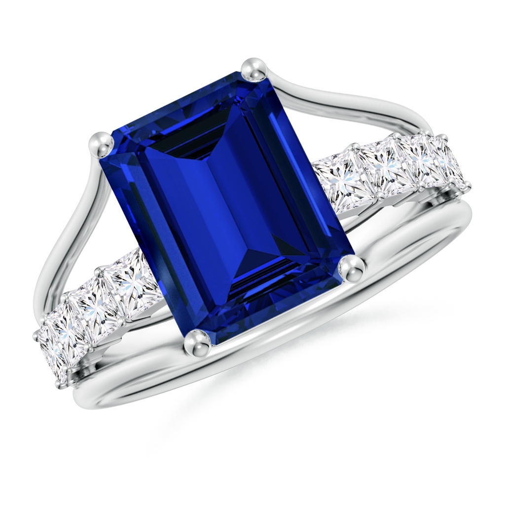 10x8mm Labgrown Emerald-Cut Lab-Grown Blue Sapphire Bridge Engagement Ring in White Gold