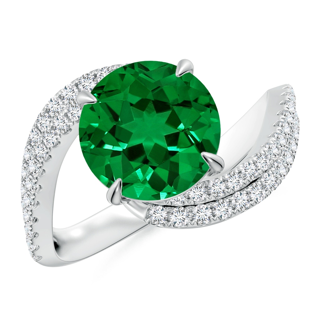 9mm Labgrown Round Lab-Grown Emerald Curved Bypass Shank Engagement Ring in White Gold