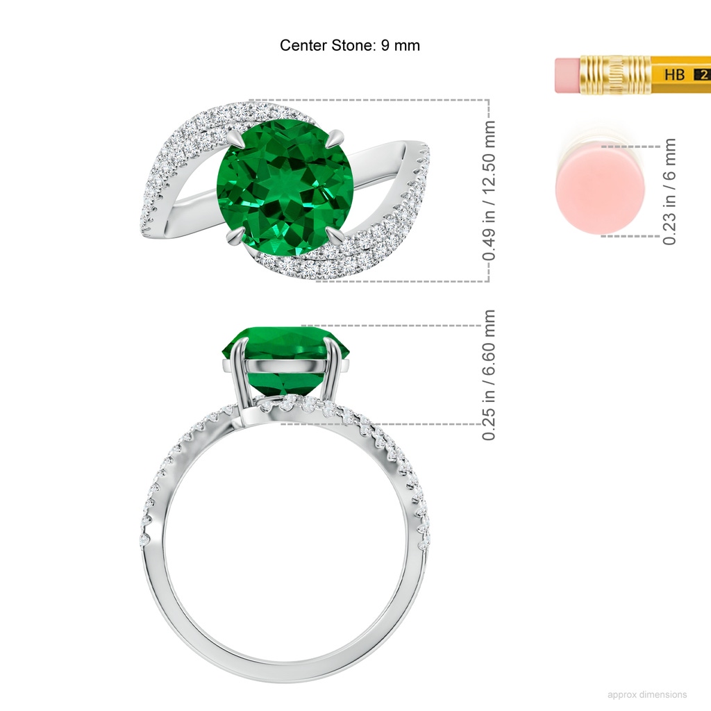 9mm Labgrown Round Lab-Grown Emerald Curved Bypass Shank Engagement Ring in White Gold ruler