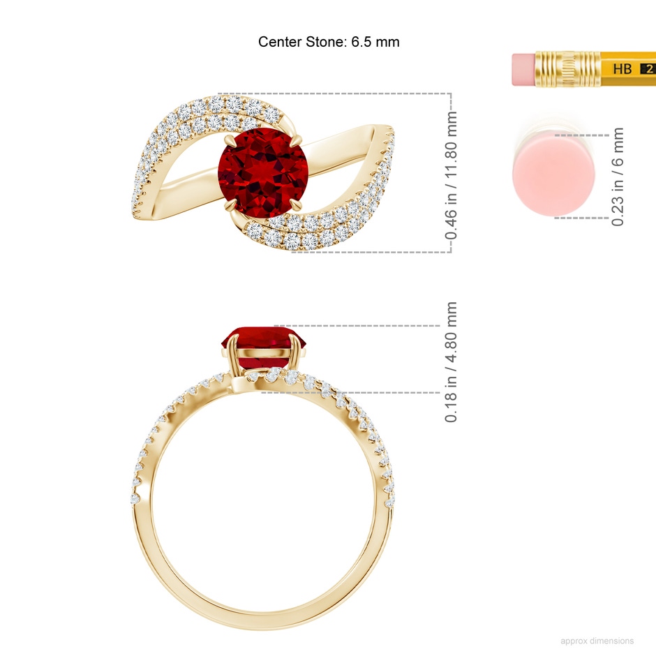 6.5mm Labgrown Round Lab-Grown Ruby Curved Bypass Shank Engagement Ring in Yellow Gold ruler