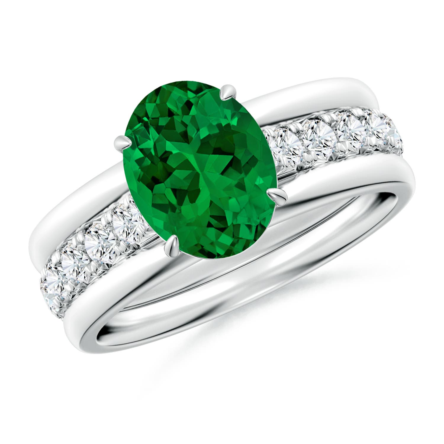 9x7mm Labgrown Oval Lab-Grown Emerald Two Tone Engagement Ring with Accents in White Gold - side 4