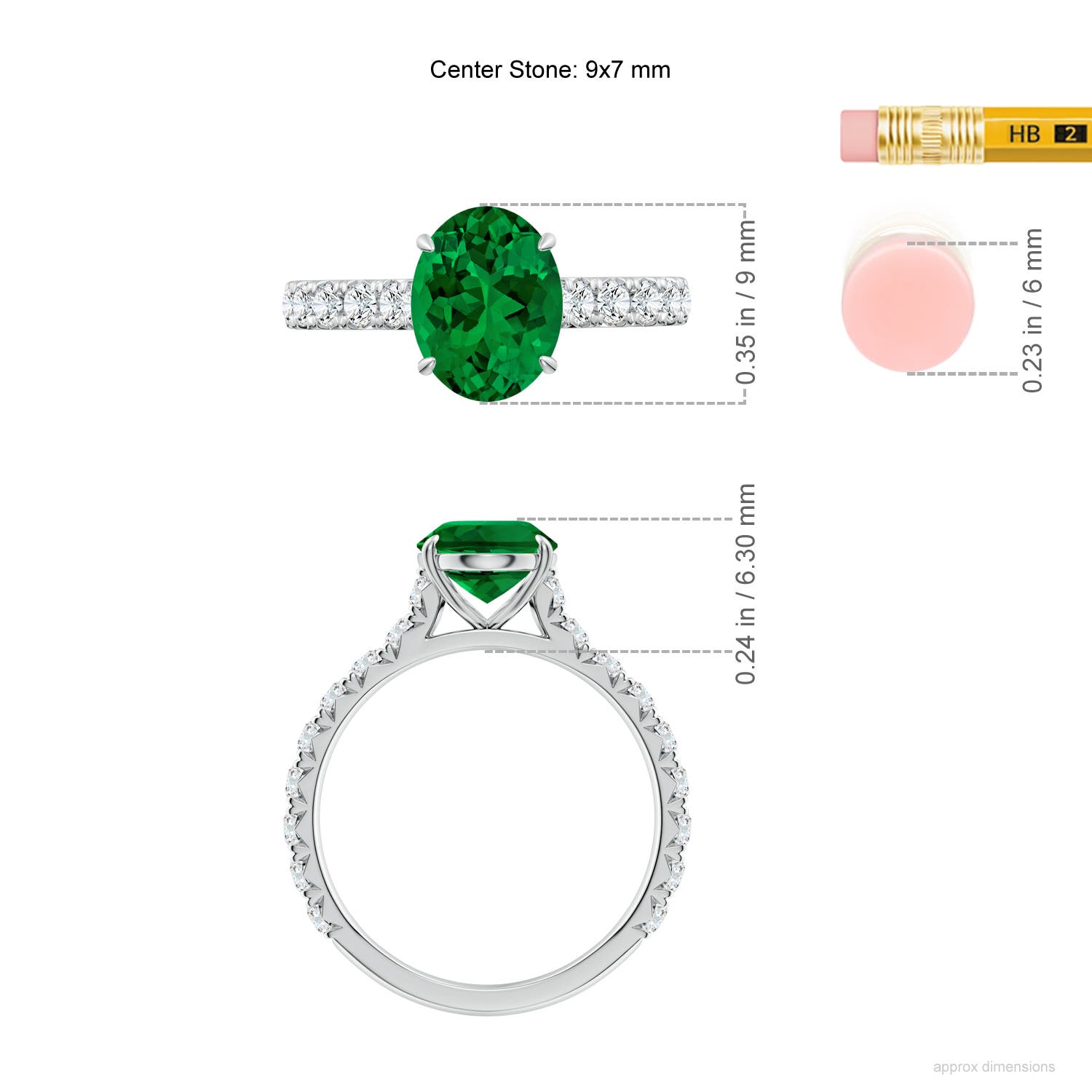 9x7mm Labgrown Oval Lab-Grown Emerald Two Tone Engagement Ring with Accents in White Gold - ruler