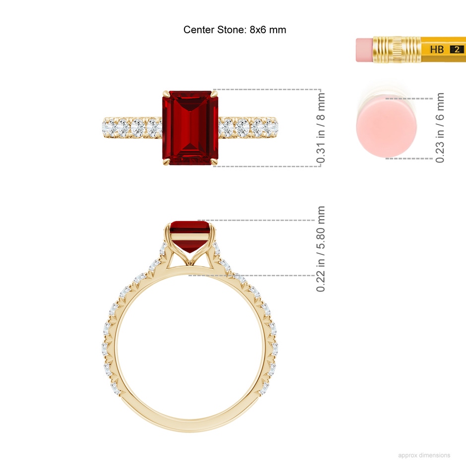 8x6mm Labgrown Emerald-Cut Lab-Grown Ruby Two Tone Engagement Ring with Accents in Yellow Gold ruler