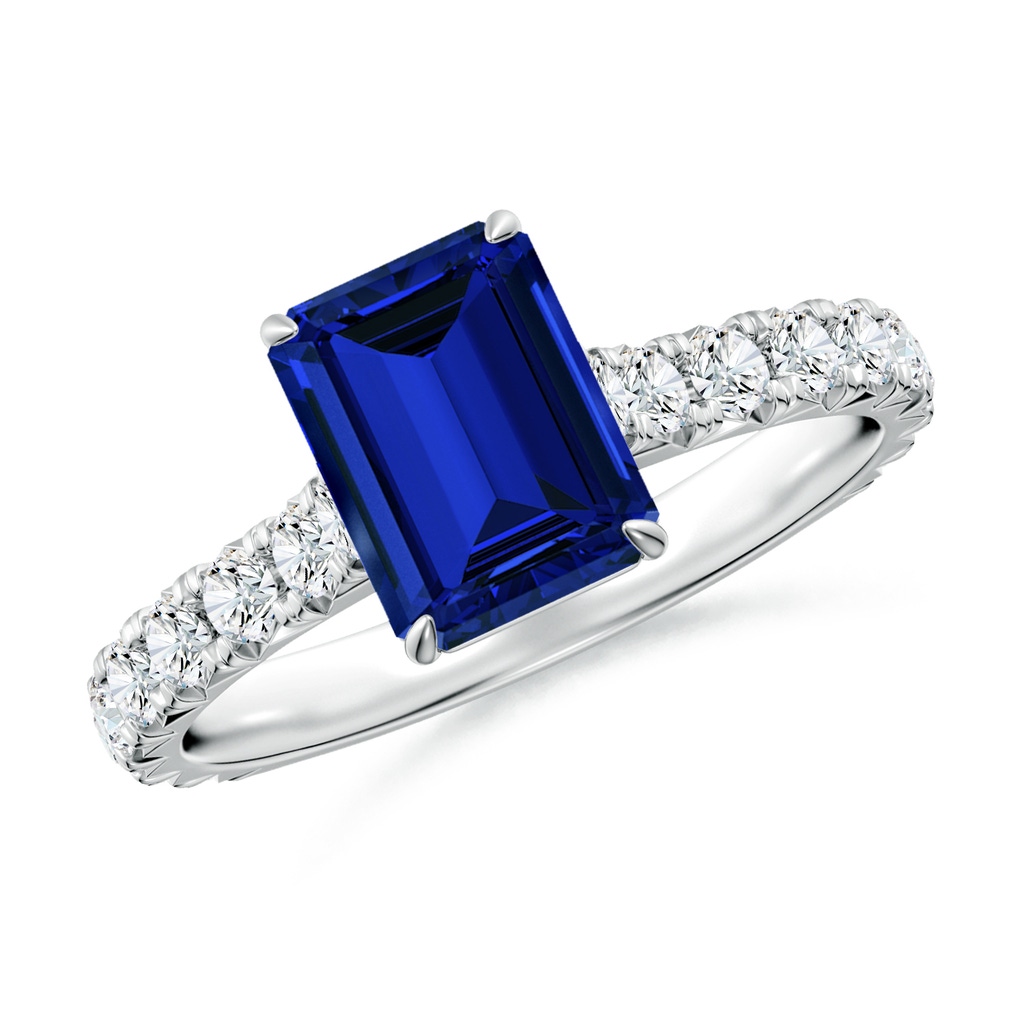 8x6mm Labgrown Emerald-Cut Lab-Grown Blue Sapphire Two Tone Engagement Ring with Accents in White Gold 