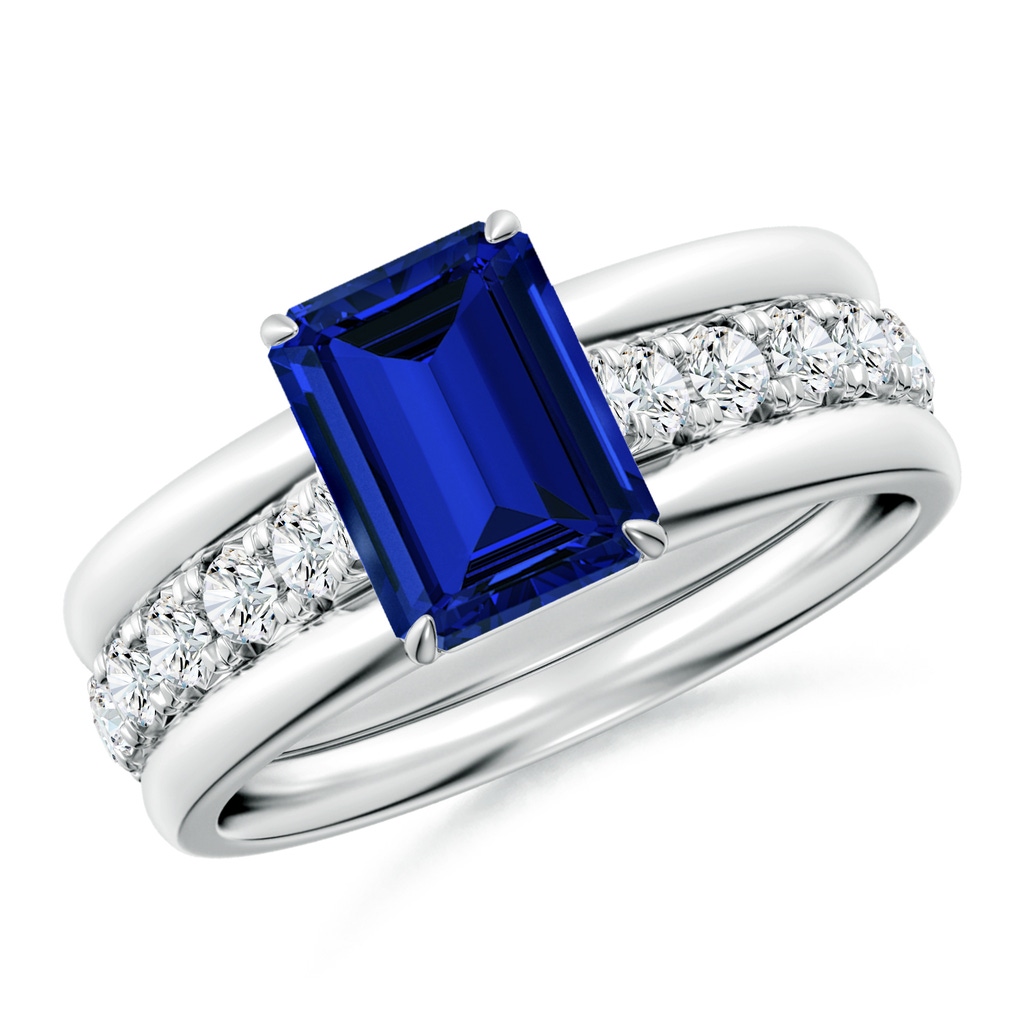 8x6mm Labgrown Emerald-Cut Lab-Grown Blue Sapphire Two Tone Engagement Ring with Accents in White Gold Side 399