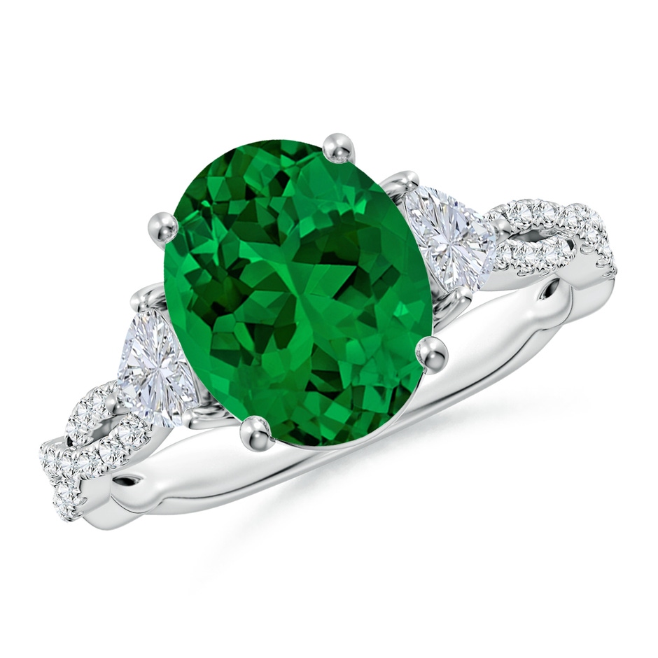 10x8mm Labgrown Three Stone Oval Lab-Grown Emerald and Trillion Diamond Twisted Shank Engagement Ring in White Gold 