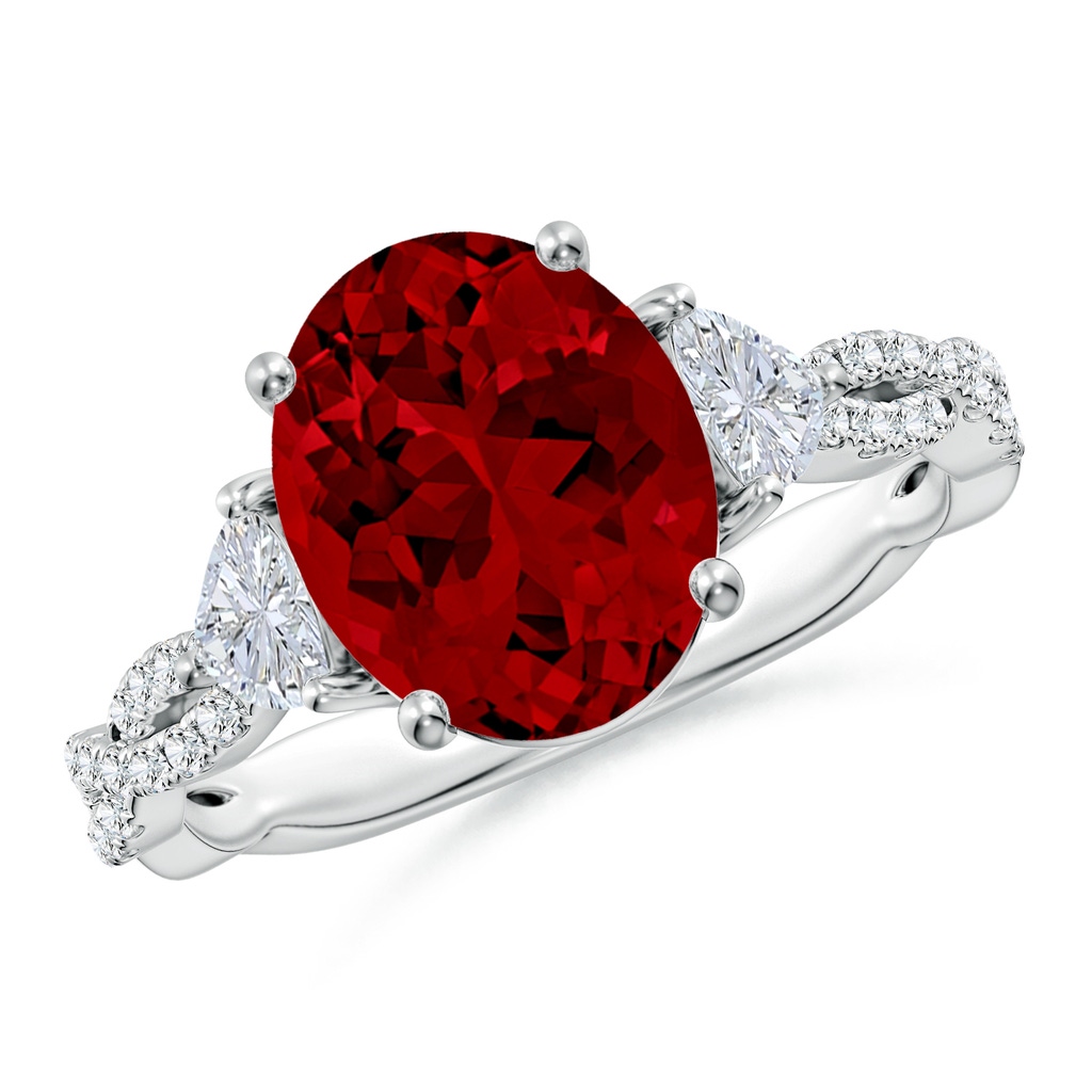 10x8mm Labgrown Three Stone Oval Lab-Grown Ruby and Trillion Diamond Twisted Shank Engagement Ring in White Gold