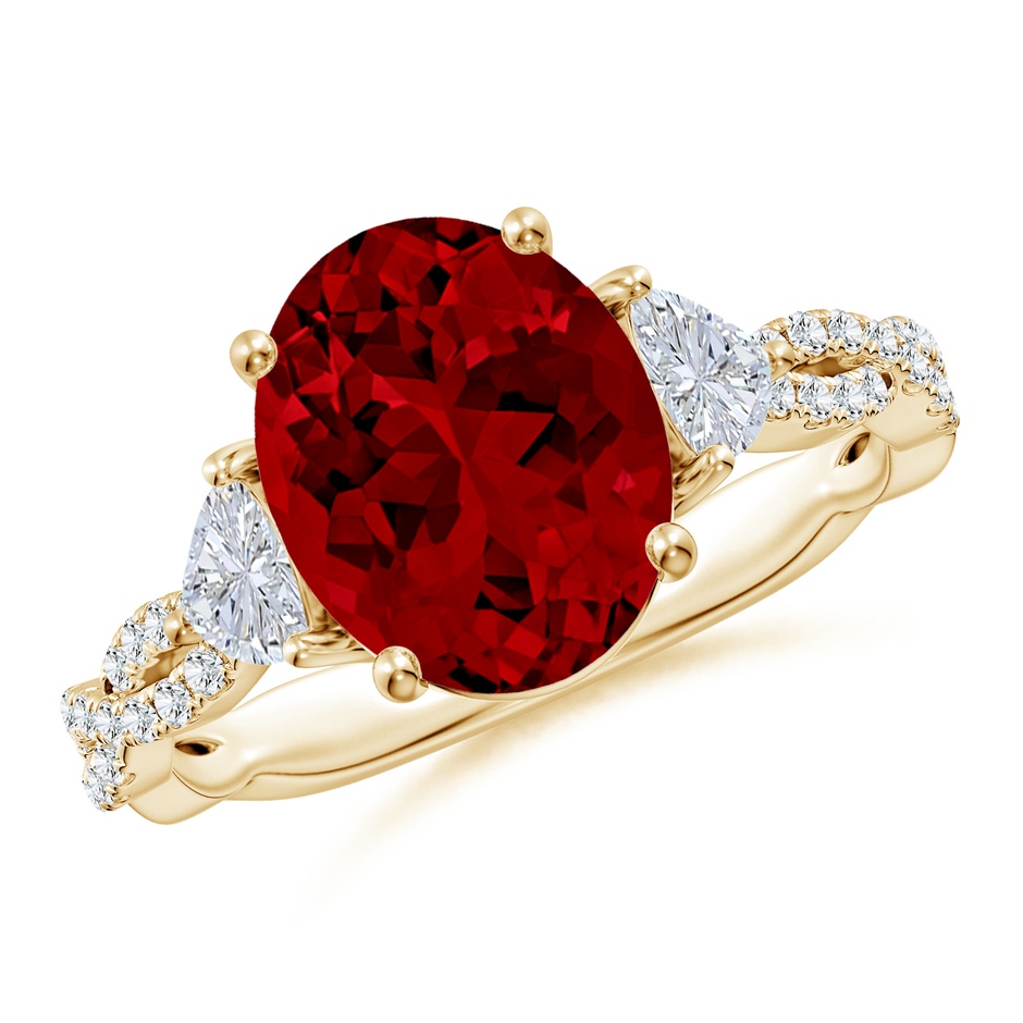 10x8mm Labgrown Three Stone Oval Lab-Grown Ruby and Trillion Diamond Twisted Shank Engagement Ring in Yellow Gold 