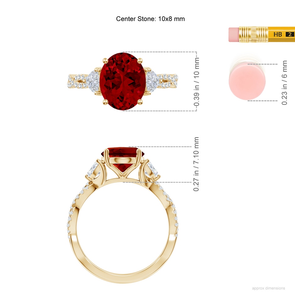 10x8mm Labgrown Three Stone Oval Lab-Grown Ruby and Trillion Diamond Twisted Shank Engagement Ring in Yellow Gold ruler