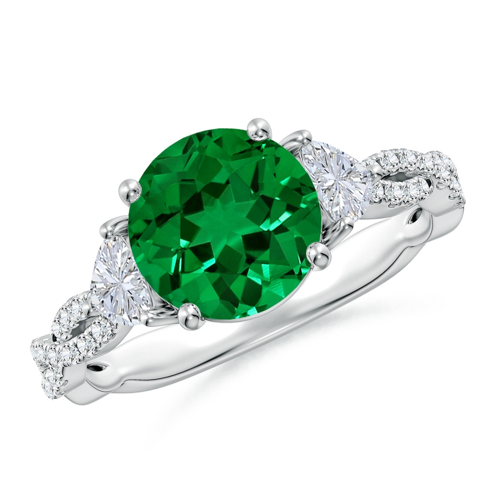 8mm Labgrown Three Stone Round Lab-Grown Emerald and Trillion Diamond Twisted Shank Engagement Ring in White Gold