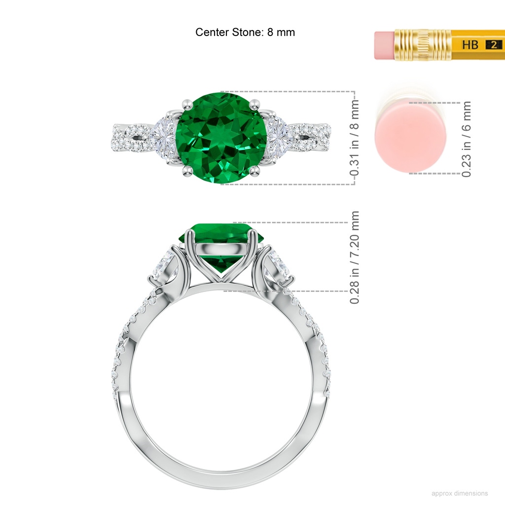 8mm Labgrown Three Stone Round Lab-Grown Emerald and Trillion Diamond Twisted Shank Engagement Ring in White Gold ruler