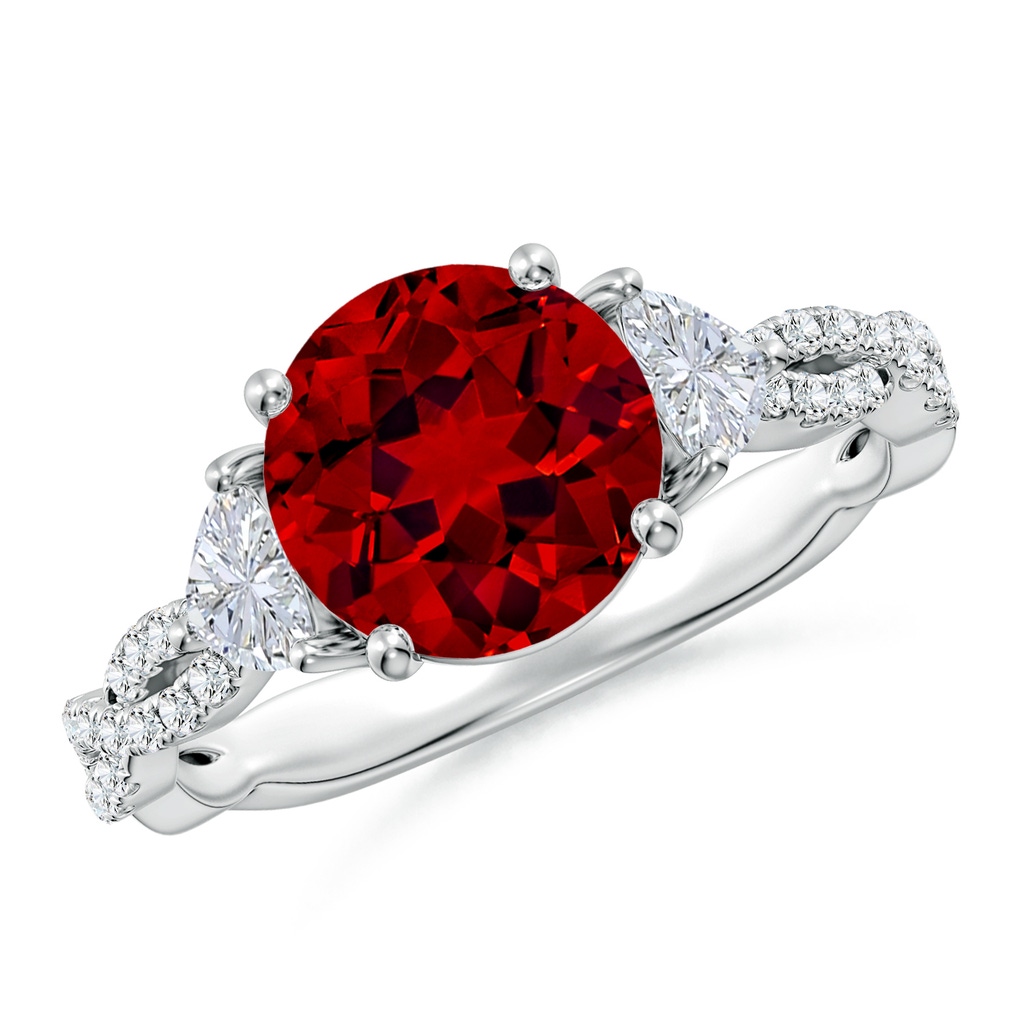 8mm Labgrown Three Stone Round Lab-Grown Ruby and Trillion Diamond Twisted Shank Engagement Ring in White Gold