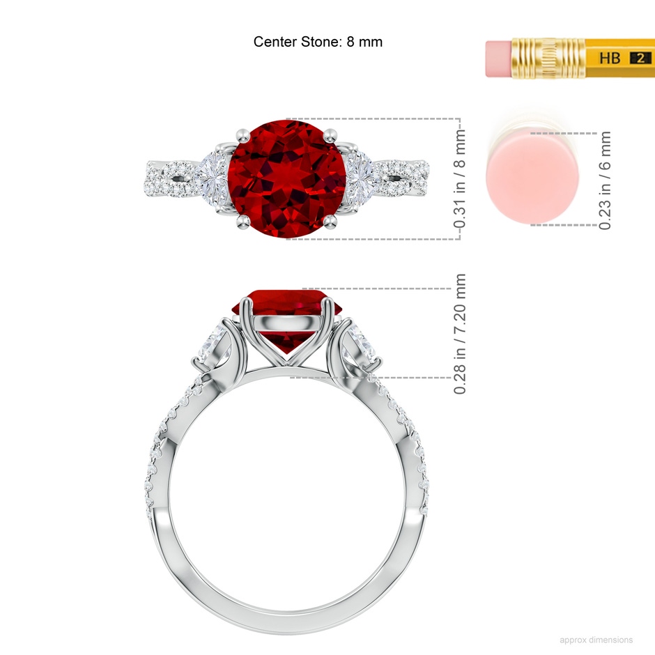 8mm Labgrown Three Stone Round Lab-Grown Ruby and Trillion Diamond Twisted Shank Engagement Ring in White Gold ruler