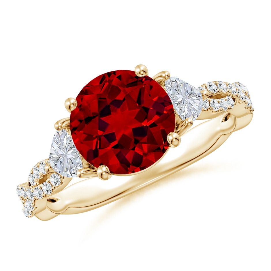 8mm Labgrown Three Stone Round Lab-Grown Ruby and Trillion Diamond Twisted Shank Engagement Ring in Yellow Gold 