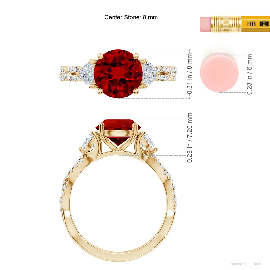 8mm Labgrown Three Stone Round Lab-Grown Ruby and Trillion Diamond Twisted Shank Engagement Ring in Yellow Gold ruler