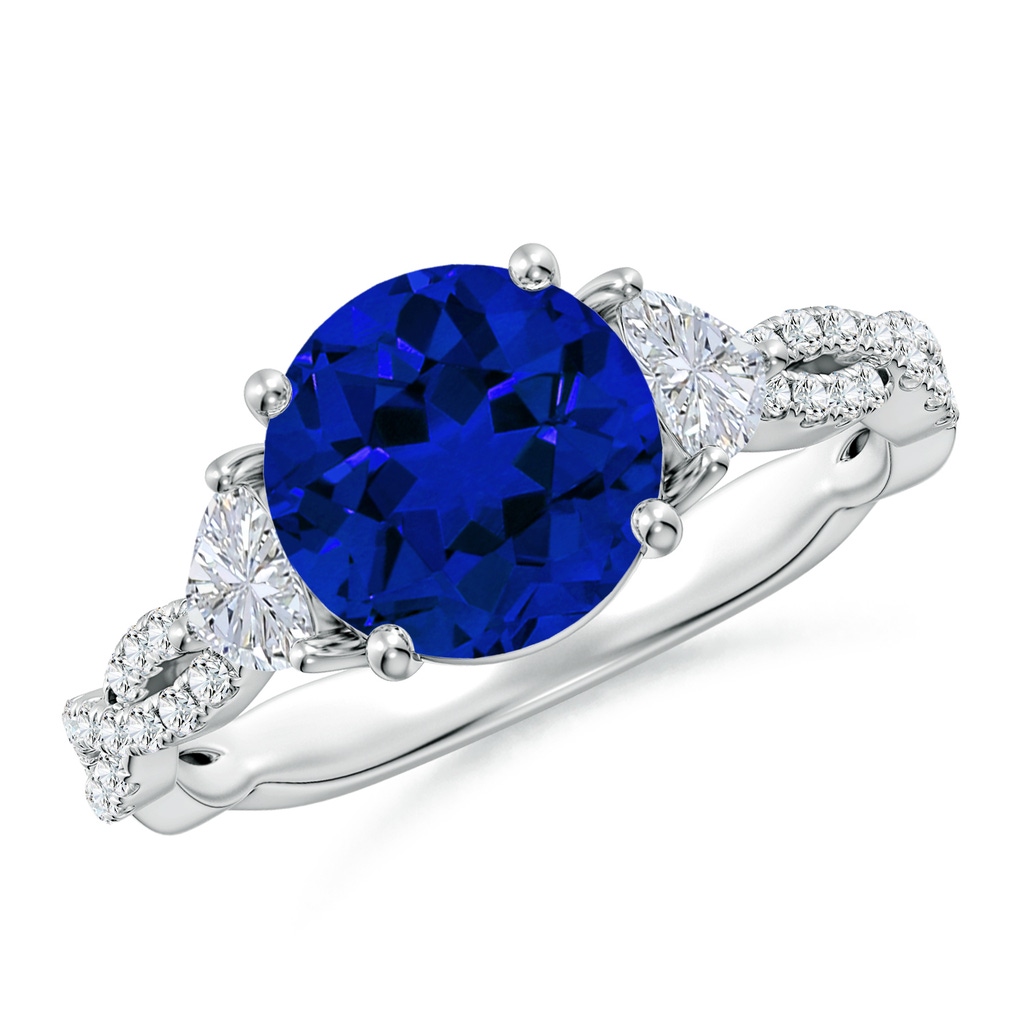 8mm Labgrown Three Stone Round Lab-Grown Blue Sapphire and Trillion Diamond Twisted Shank Engagement Ring in White Gold