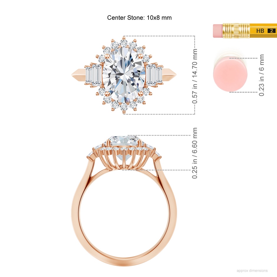 10x8mm FGVS Oval Lab-Grown Diamond Halo Knife-Edge Shank Engagement Ring in Rose Gold ruler
