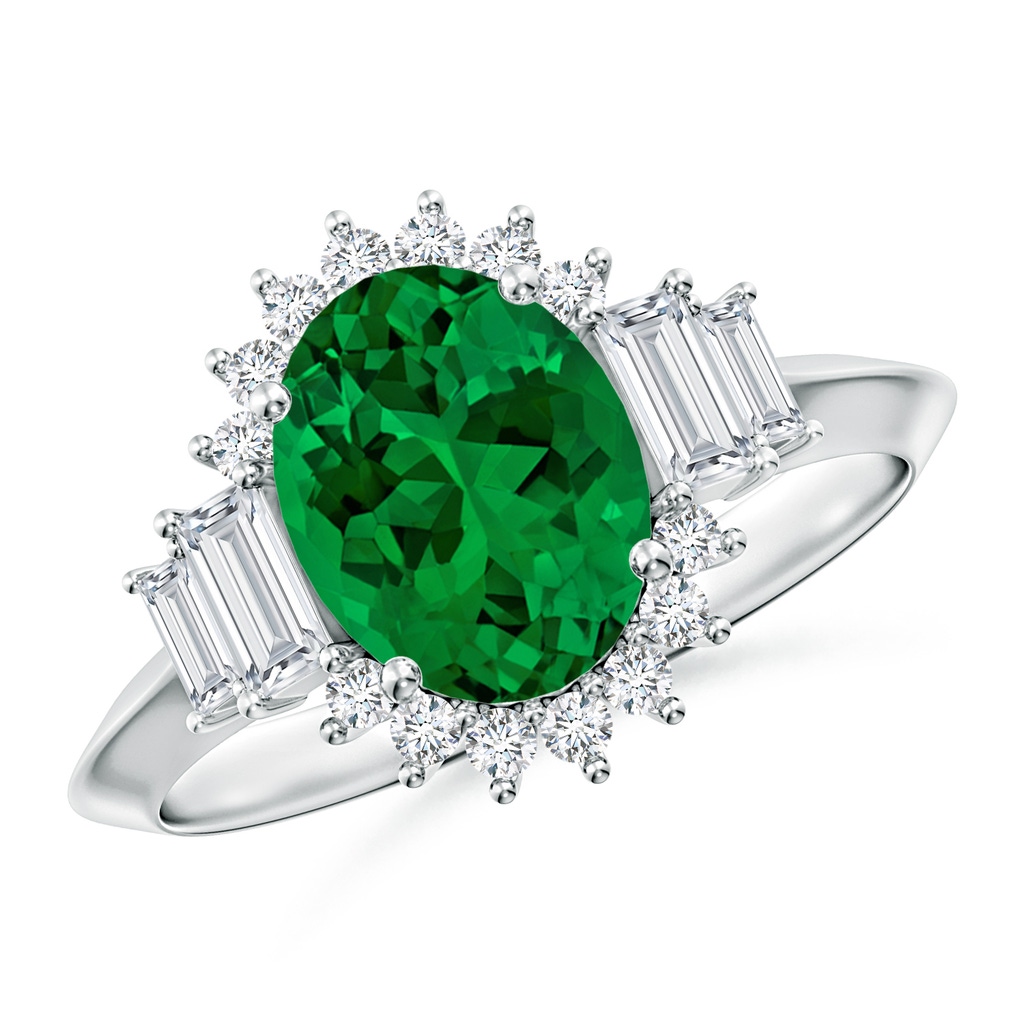 9x7mm Labgrown Oval Lab-Grown Emerald Halo Knife-Edge Shank Engagement Ring in White Gold