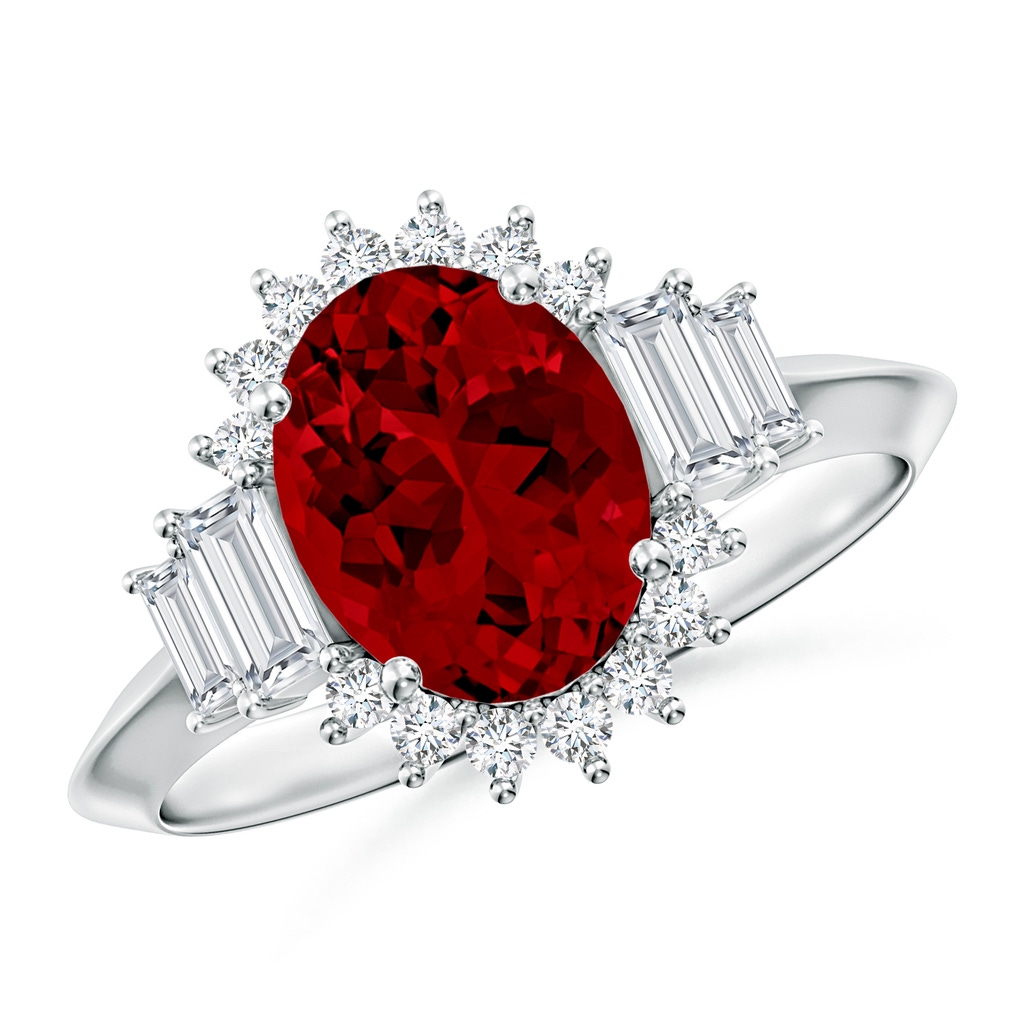 9x7mm Labgrown Oval Lab-Grown Ruby Halo Knife-Edge Shank Engagement Ring in White Gold