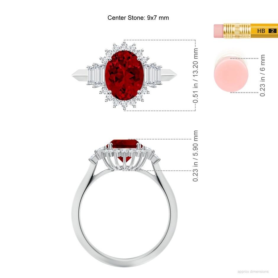 9x7mm Labgrown Oval Lab-Grown Ruby Halo Knife-Edge Shank Engagement Ring in White Gold ruler