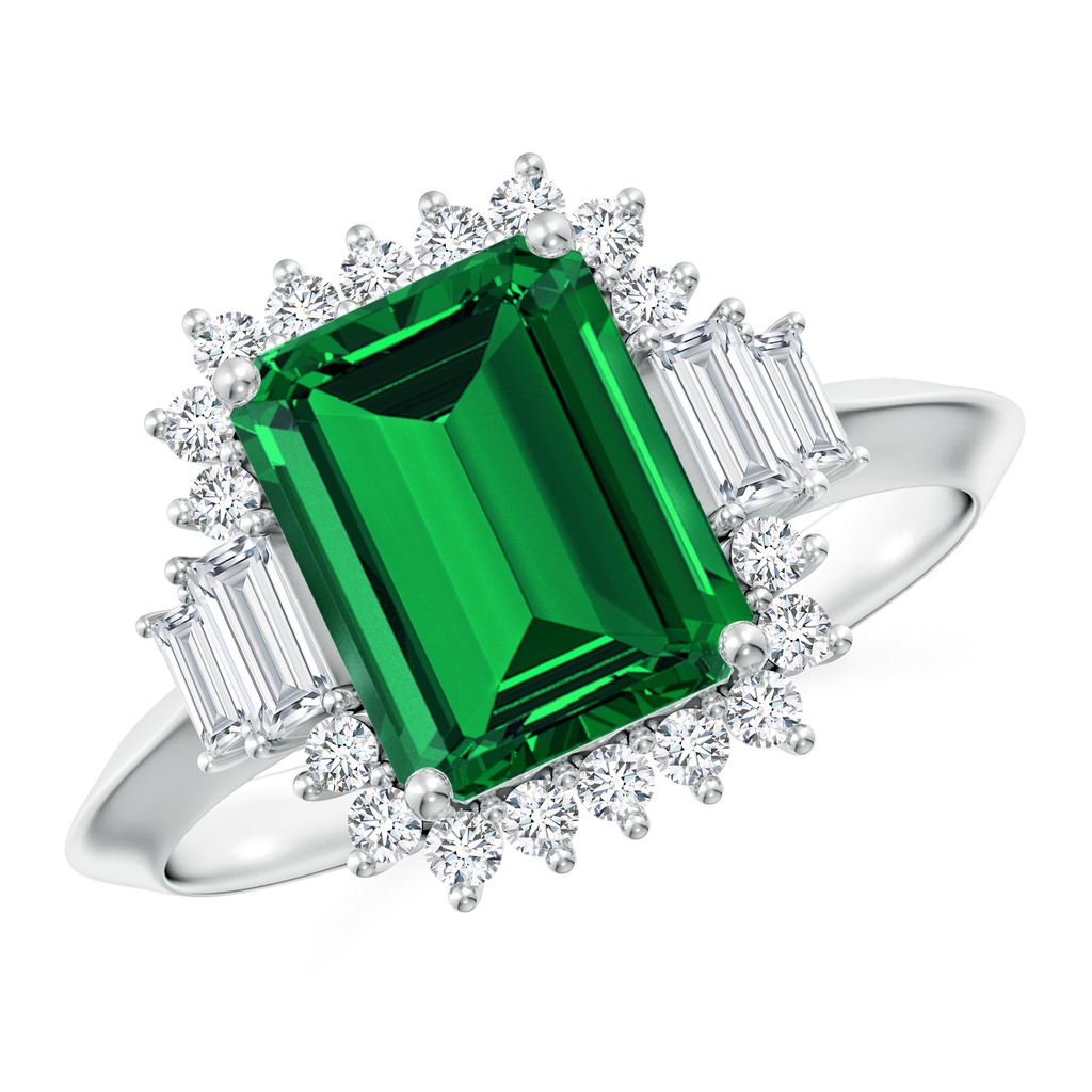 9x7mm Labgrown Emerald-Cut Lab-Grown Emerald Halo Knife-Edge Shank Engagement Ring in White Gold