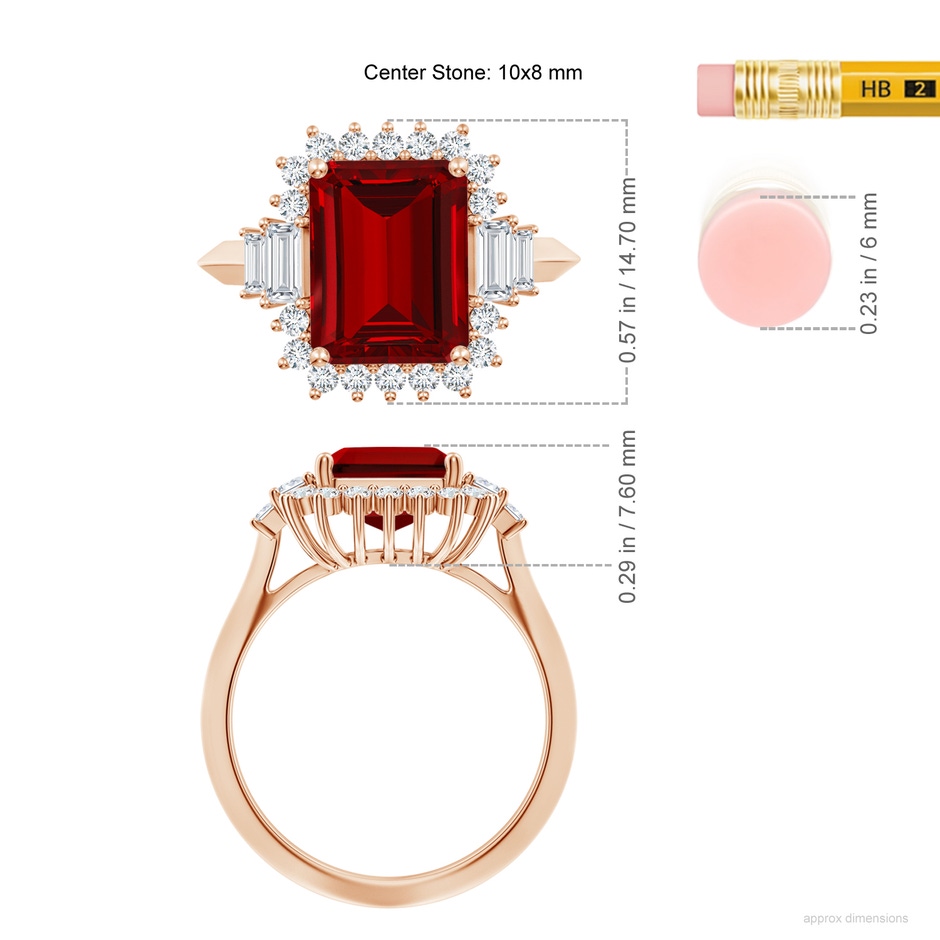 10x8mm Labgrown Emerald-Cut Lab-Grown Ruby Halo Knife-Edge Shank Engagement Ring in 18K Rose Gold ruler