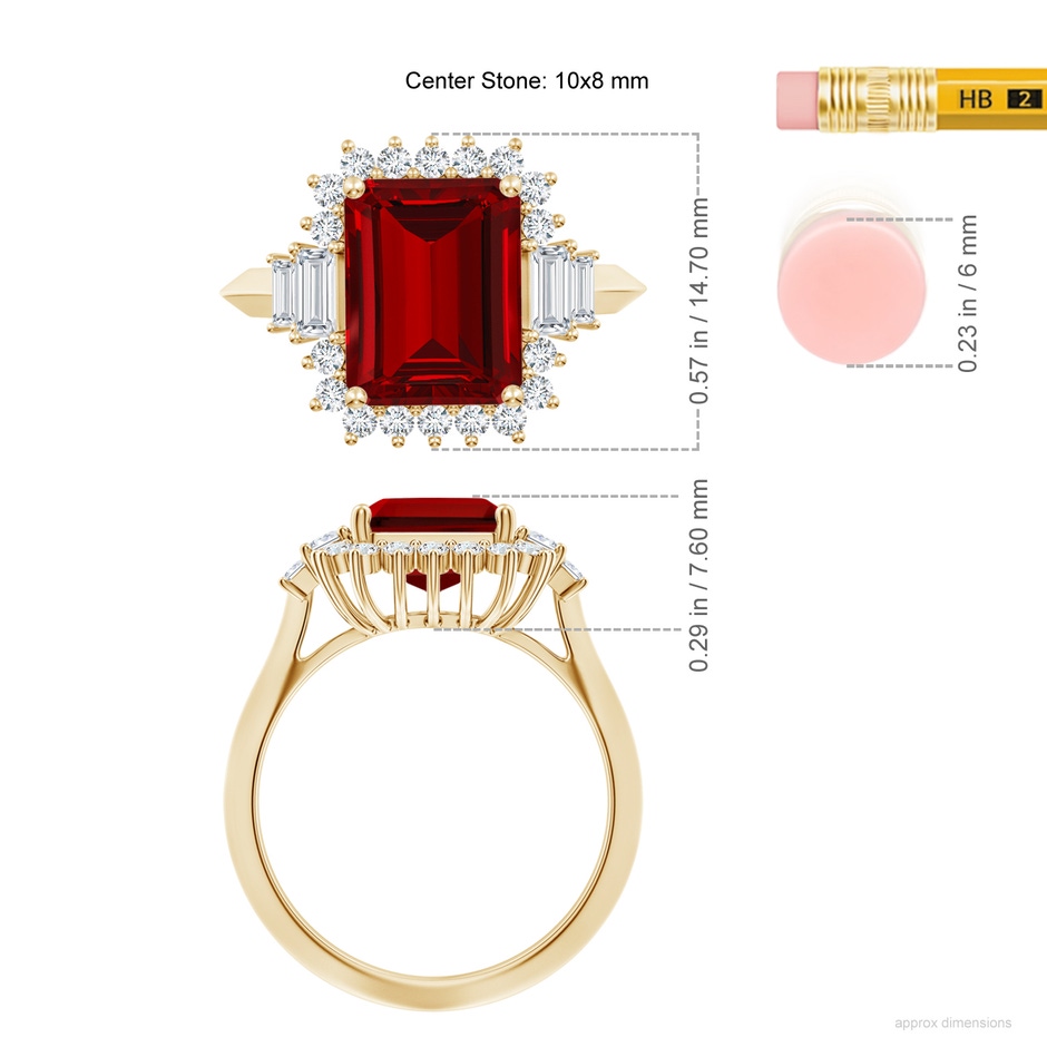 10x8mm Labgrown Emerald-Cut Lab-Grown Ruby Halo Knife-Edge Shank Engagement Ring in 18K Yellow Gold ruler