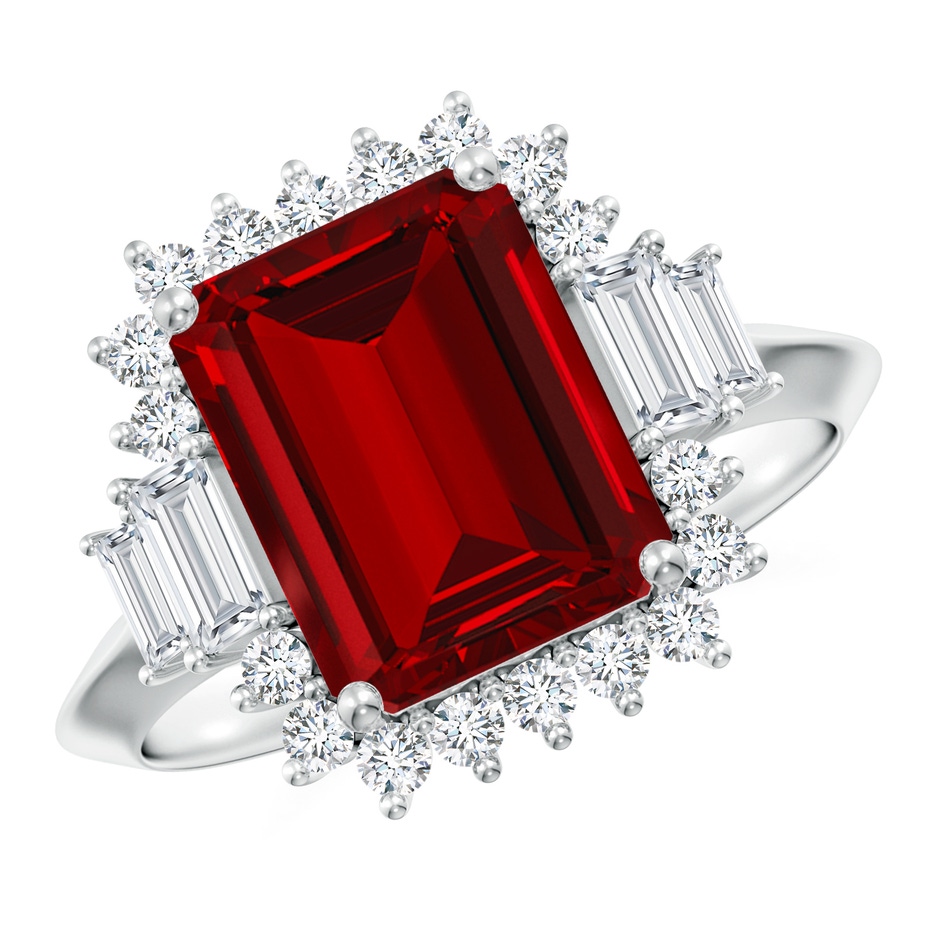 10x8mm Labgrown Emerald-Cut Lab-Grown Ruby Halo Knife-Edge Shank Engagement Ring in White Gold 