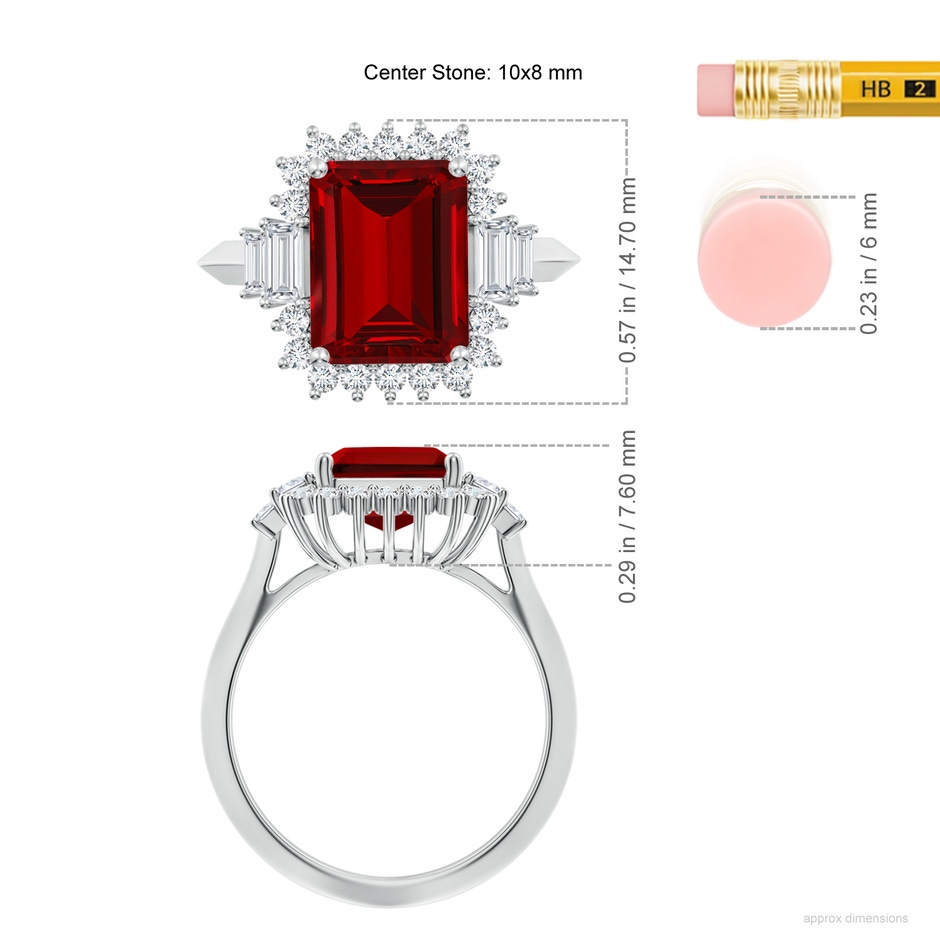 10x8mm Labgrown Emerald-Cut Lab-Grown Ruby Halo Knife-Edge Shank Engagement Ring in White Gold ruler