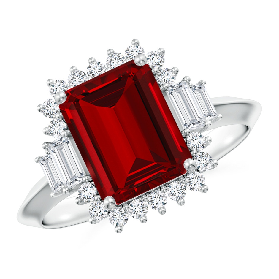 9x7mm Labgrown Emerald-Cut Lab-Grown Ruby Halo Knife-Edge Shank Engagement Ring in White Gold 