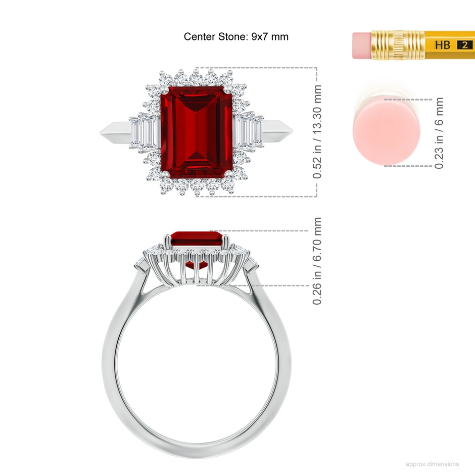 9x7mm Labgrown Emerald-Cut Lab-Grown Ruby Halo Knife-Edge Shank Engagement Ring in White Gold ruler