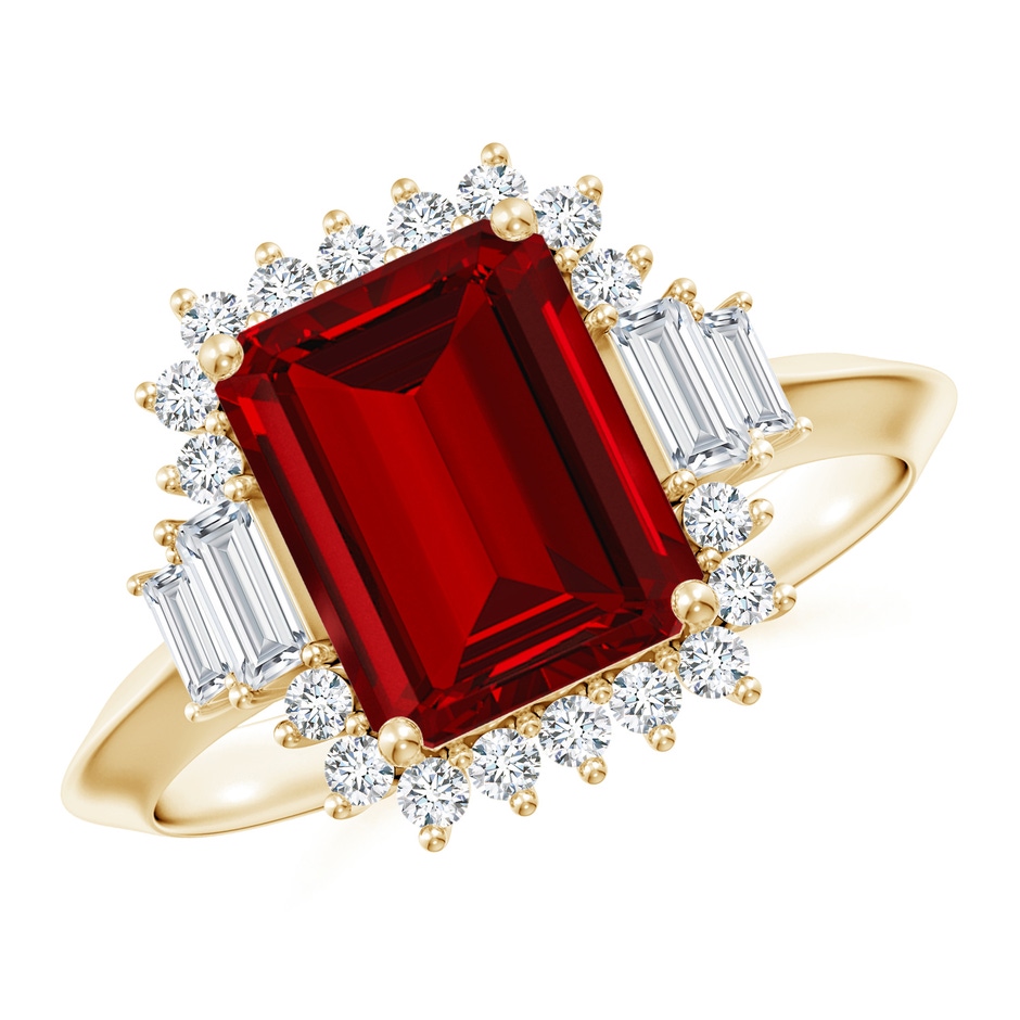 9x7mm Labgrown Emerald-Cut Lab-Grown Ruby Halo Knife-Edge Shank Engagement Ring in Yellow Gold 