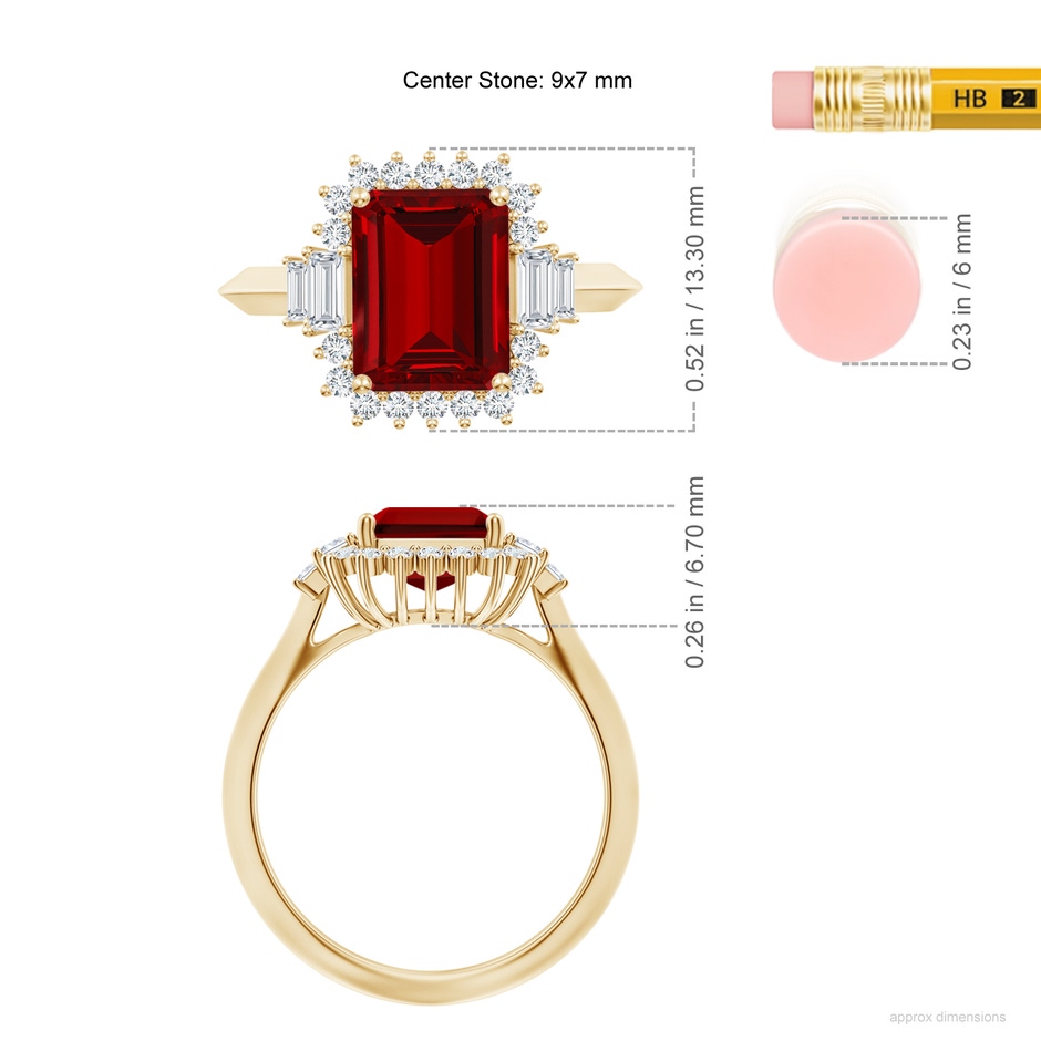 9x7mm Labgrown Emerald-Cut Lab-Grown Ruby Halo Knife-Edge Shank Engagement Ring in Yellow Gold ruler