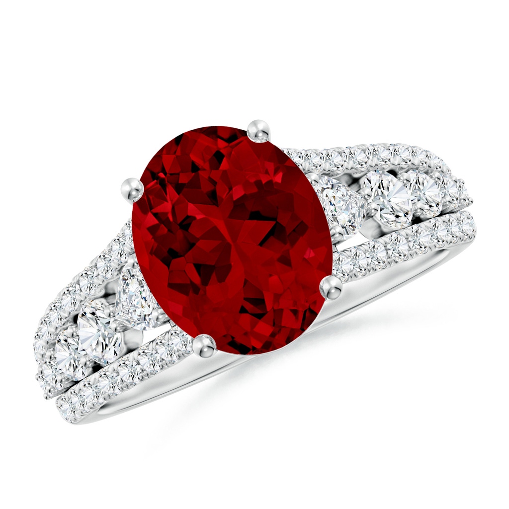 10x8mm Labgrown Classic Oval Lab-Grown Ruby Split Shank Engagement Ring with Accents in White Gold