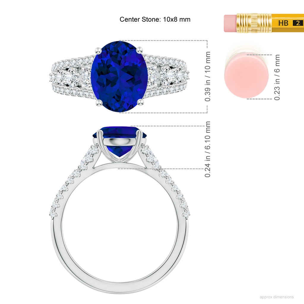 10x8mm Labgrown Classic Oval Lab-Grown Blue Sapphire Split Shank Engagement Ring with Accents in White Gold ruler