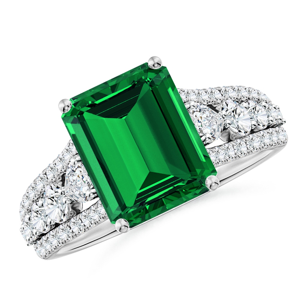 10x8mm Labgrown Classic Emerald-Cut Lab-Grown Emerald Split Shank Engagement Ring with Accents in White Gold