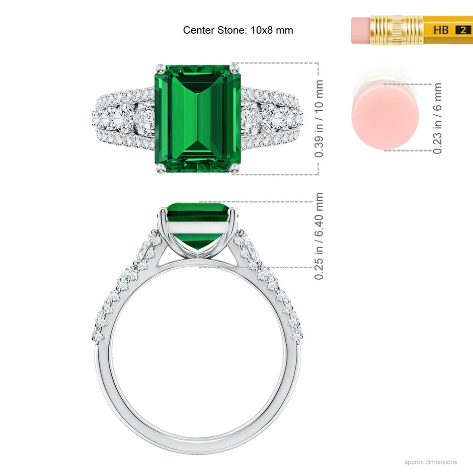 10x8mm Labgrown Classic Emerald-Cut Lab-Grown Emerald Split Shank Engagement Ring with Accents in White Gold ruler