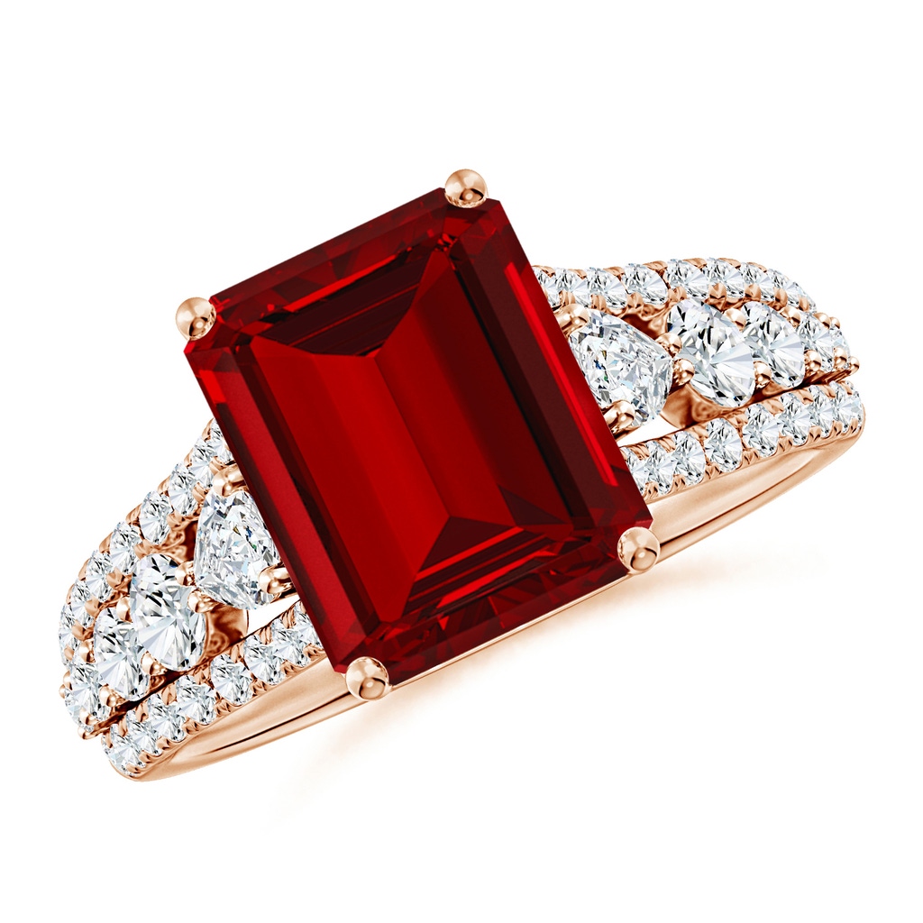 10x8mm Labgrown Classic Emerald-Cut Lab-Grown Ruby Split Shank Engagement Ring with Accents in Rose Gold