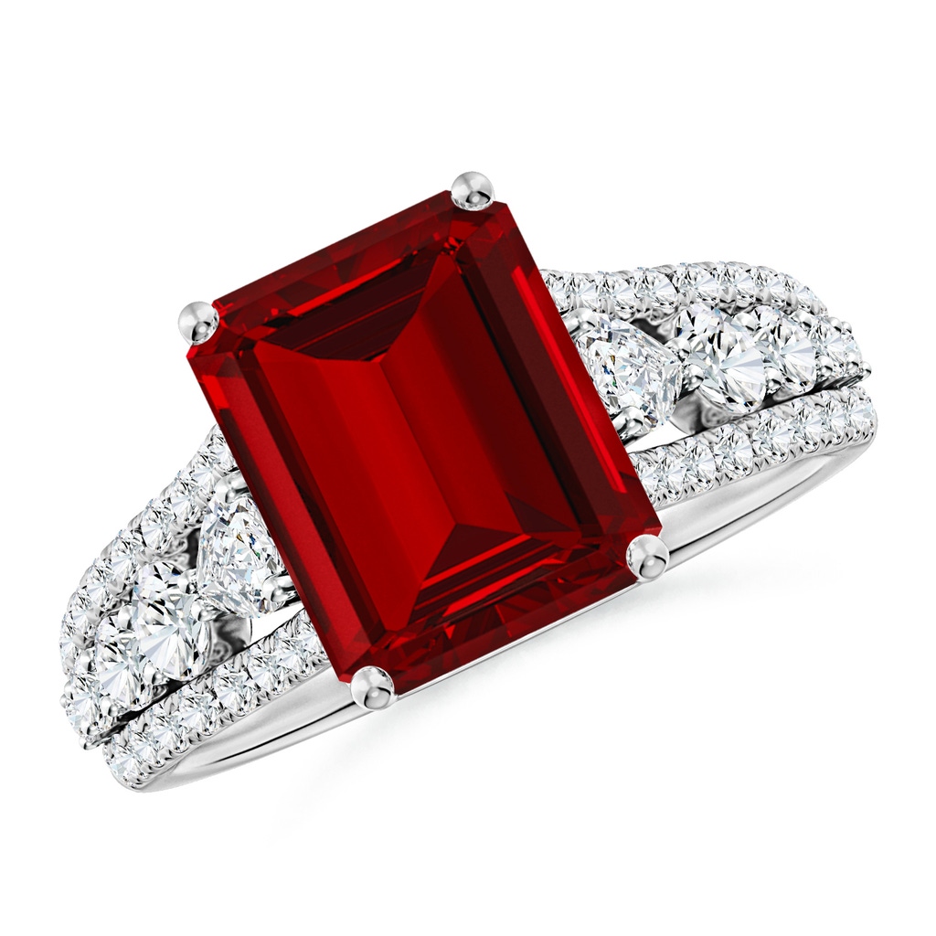 10x8mm Labgrown Classic Emerald-Cut Lab-Grown Ruby Split Shank Engagement Ring with Accents in White Gold
