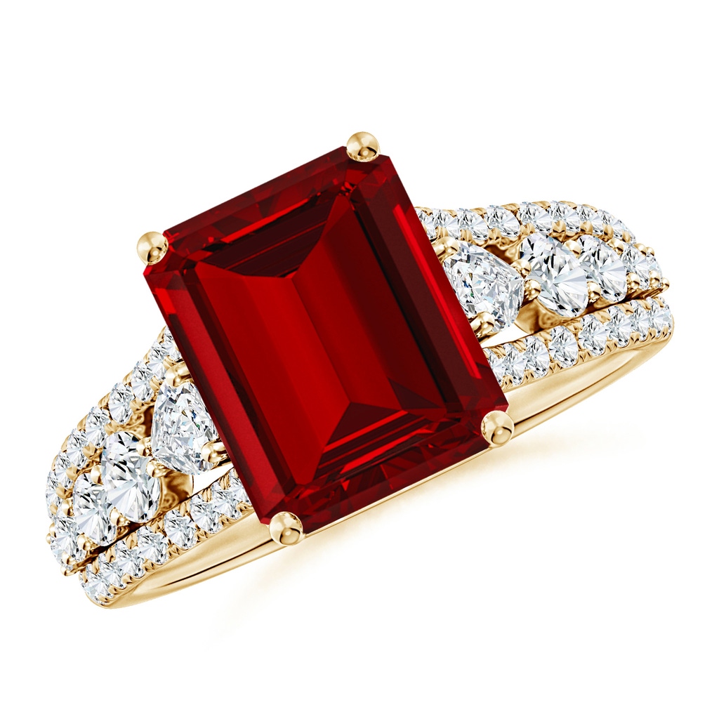 10x8mm Labgrown Classic Emerald-Cut Lab-Grown Ruby Split Shank Engagement Ring with Accents in Yellow Gold