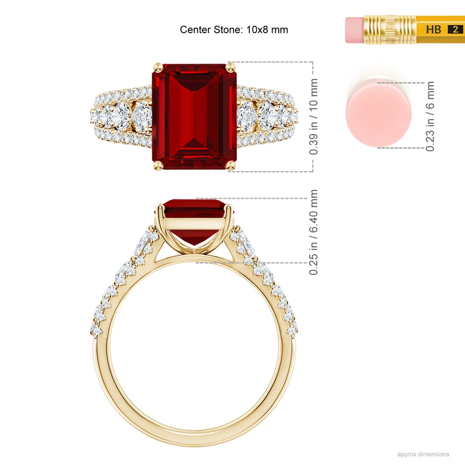 10x8mm Labgrown Classic Emerald-Cut Lab-Grown Ruby Split Shank Engagement Ring with Accents in Yellow Gold ruler