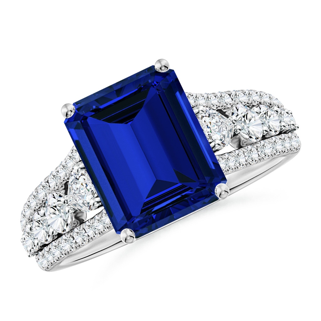 10x8mm Labgrown Classic Emerald-Cut Lab-Grown Blue Sapphire Split Shank Engagement Ring with Accents in White Gold