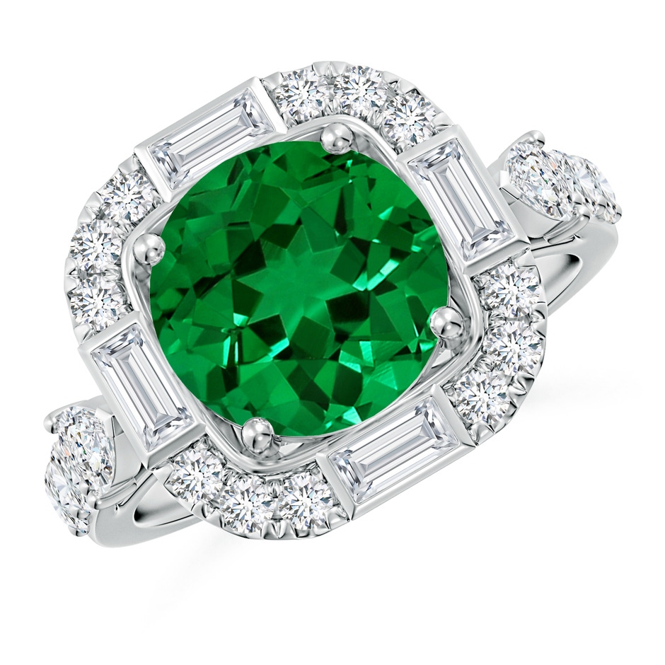 9mm Labgrown Round Lab-Grown Emerald Unique Halo Engagement Ring with Accents in White Gold 